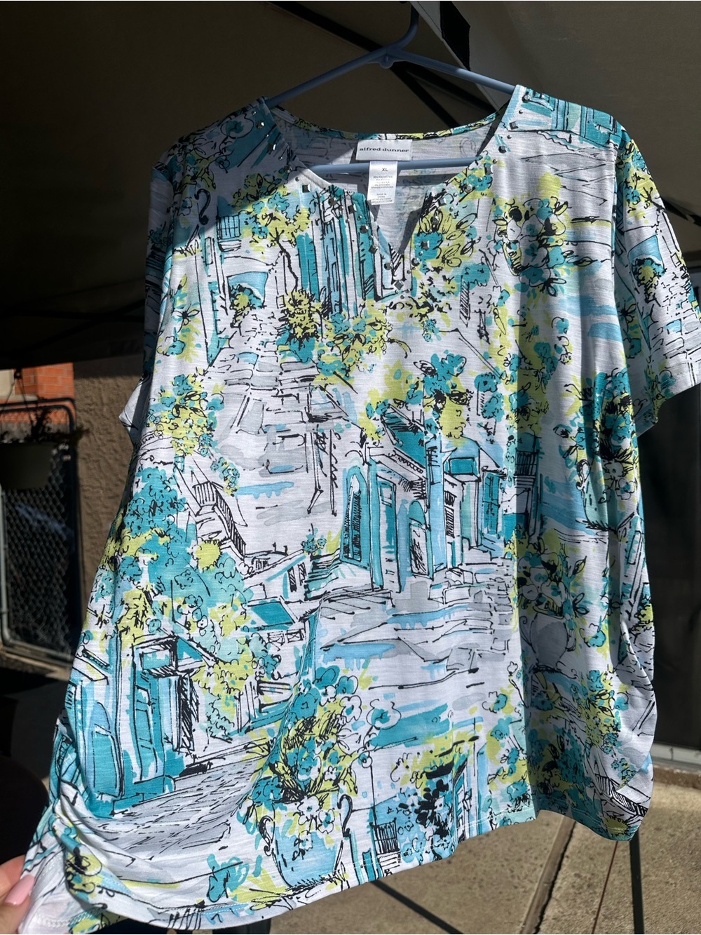 Alfred Dunner Turquoise, Lime & White Scenic Studded Tee